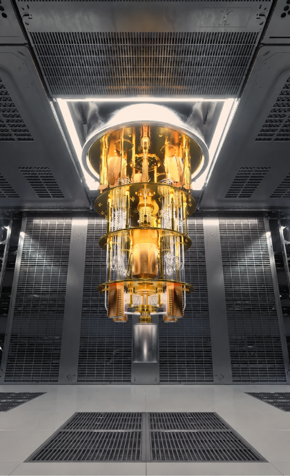 Gold-toned dilution refrigerator inside a quantum computer